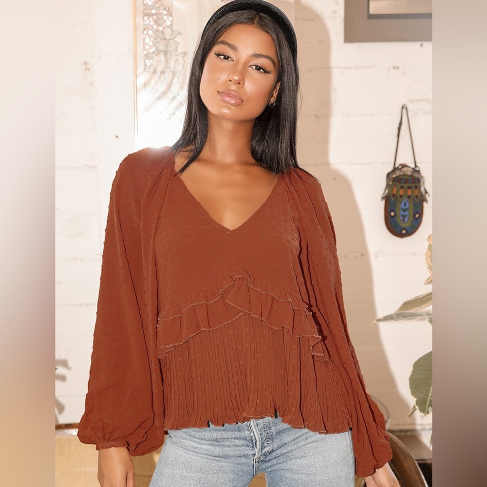 Lulus Thrills and Frills Rust Orange Swiss Dot Ruffled Long Sleeve Top size S